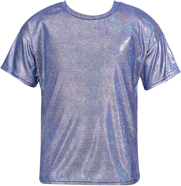 Girls Boys Sparkly Metallic Dance Tops Short Sleeve T-Shirt Jazz Hip Hop Party Stage Performance Costume