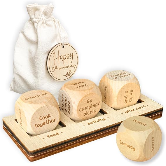 WOODAMORE 5 Year Anniversary Wood Date Night Dice Game for Him and Her | 1 food cube and 2 activity dice, roll to pick a date idea, wooden 5th anniversary keepsake gift