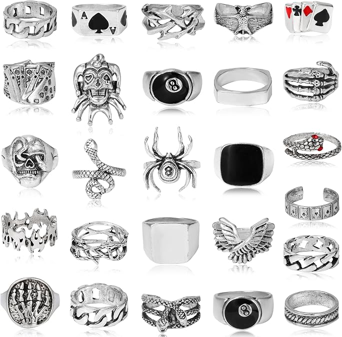 26 Pcs Vintage Silver Punk Rings Set for Men Cool Gothic Chunky Rings Statement Snake Wing Signet Ring Set
