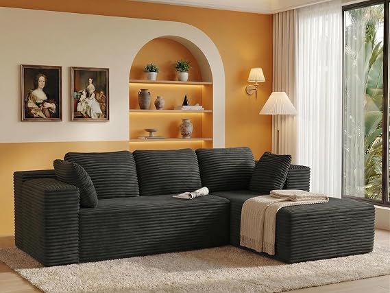105" L-Shaped Boneless Cloud Couch, Corduroy Sectional Sofa, Black