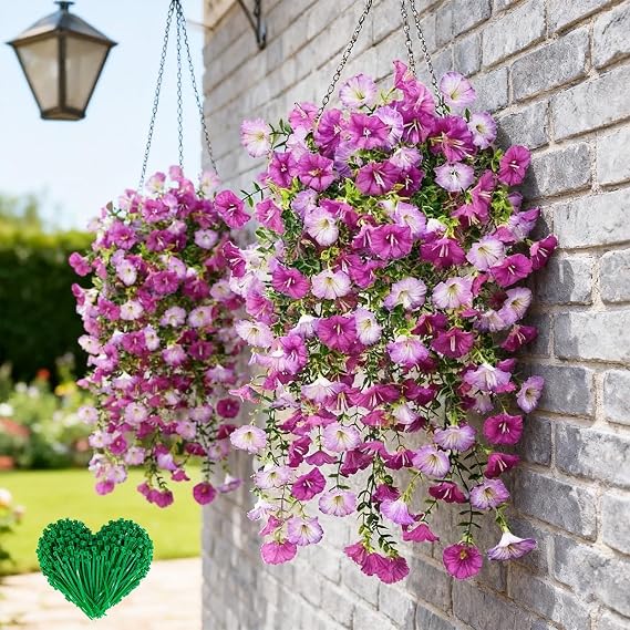 4 x Artificial Hanging Plants Purple Petunias with 10 Plant Ties Artificial Flowers Hanging UV-Resistant for Balcony Patio Outdoor