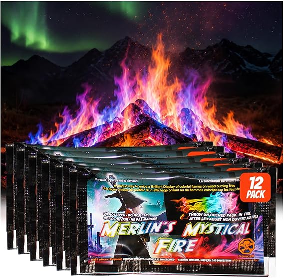 Mystical Fire Merlins Fire Color Changing Packets Fire Pits Campfire Long-Lasting Enchanted Multi-Color Magical Family Fun for Indoor Fireplace or Outdoor Use 0.882 oz Packets 12 Pack