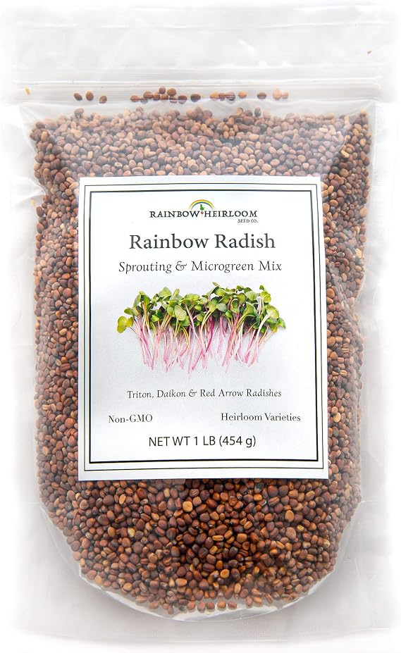 Rainbow Radish Sprouting Seed Mix | Heirloom Non-GMO Seeds for Sprouting & Microgreens | Contains Red Arrow, Purple Triton & White Daikon Radish Seeds 1 LB Resealable Bag | Rainbow Heirloom Seed Co.
