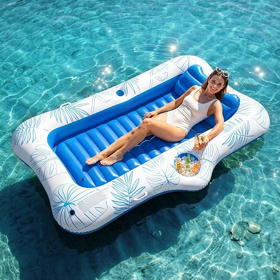 HeySplash Inflatable Pool Floats, Tanning Pool Lounger With Headrest & Cup Holder, Extra Large Pool Inflatables Floaties Pool Toy Summer Beach Party Swimming Floaty Bed