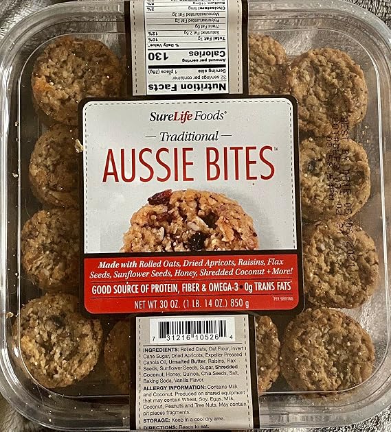 Gourmet Kitchn SureLife Foods Traditional Aussie Bites, Protein Cookies with Quinoa, Chia, Rolled Oats, 270 mg of Omega-3 per serving, 16 oz