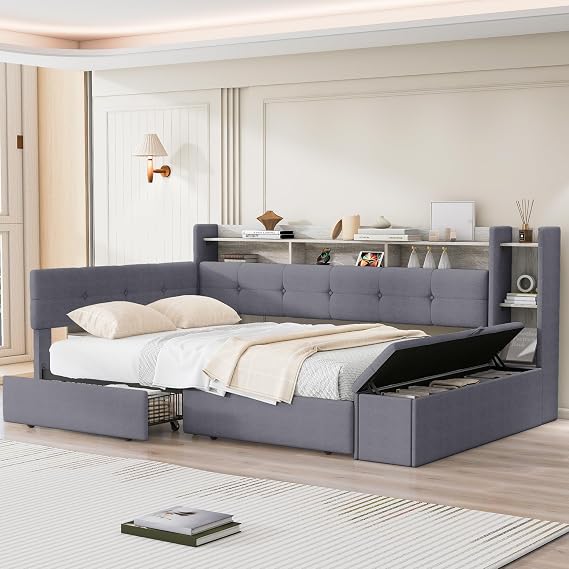 Full Size Upholstered Daybed with Storage Drawers, Wood Corner Bed Frame with LED Lights and USB Ports, L-Shaped Daybed with Upholstered Bookcase & Footstool, Grey