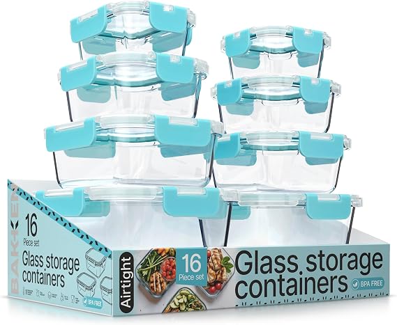 Bakken Borosilicate Glass Food Storage Containers with Lids 16 Pieces, BPA-Free Stackable Lunch & Leftover Containers, Microwave, Freezer & Dishwasher Safe, 100% Airtight Leak-Proof, Aqua