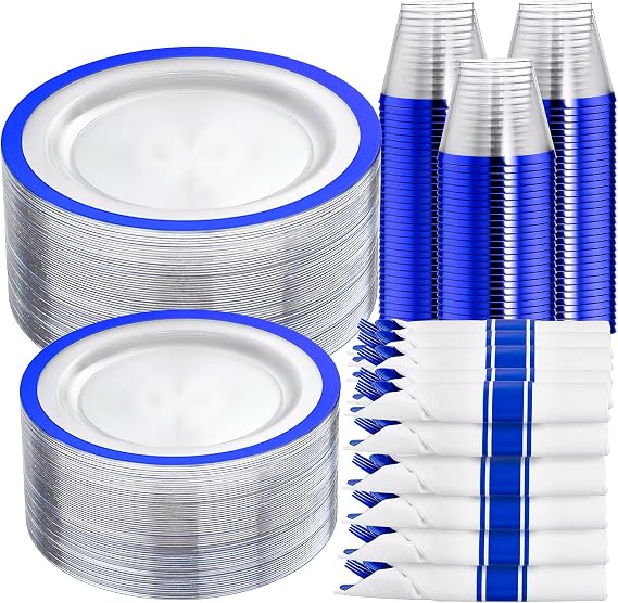 I00000 210 Dark Blue Plastic Plates, Clear Disposable Plates for 30 Guests