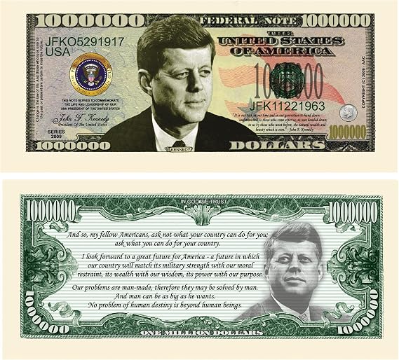 American Art Classics (Pack of 50 Bills) John F. Kennedy (JFK) Commemorative Million Dollar Bills