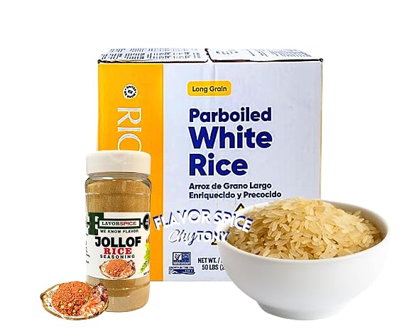 Parboiled Rice 50LB | 1 Free Flavor Spice Jar Jollof Rice Seasoning | crafted with 100% natural & spice with no added artifical, No salt, No Sugar, No MSG