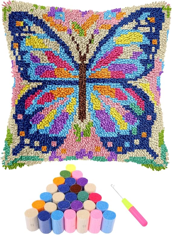 KTCINA Latch Hook Kits for Adults Beginners Sunflower Animal Latch Hook Cushion Kits Craft Rug Making Kit DIY Embroidery Cushion Pillowcase Rug Cover for Home Sofa Decor 43x43cm(Butterfly)
