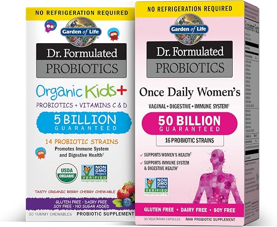 Garden of Life Children & Women Probiotic Bundle: Dr. Formulated Kids+ Berry Cherry Probiotics 5 Billion CFU 30 Chewables + Once Daily Womens Probiotics 50 Billion CFU - 30 Capsules, Shelf Stable