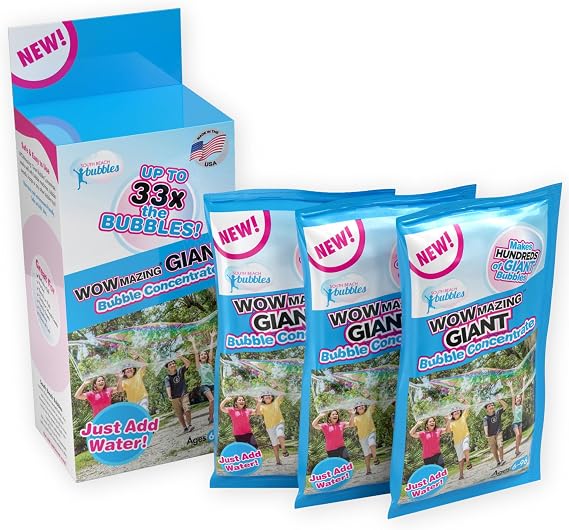 WOWMAZING Big Bubbles Refill - Concentrated Giant Bubble Solution Makes 2.3 Gallons | 3 Pouches for Kids Fun | USA Made