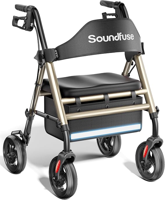soundfuse Foldable Rollator Walkers for Seniors with 16" Ergonomic Arc Seat | 350lb Sturdy Frame, Double Support Bar, 8" Wheels for All Terrain, Padded Seat, Dual Height Adjustable, Tool-Free Assembly