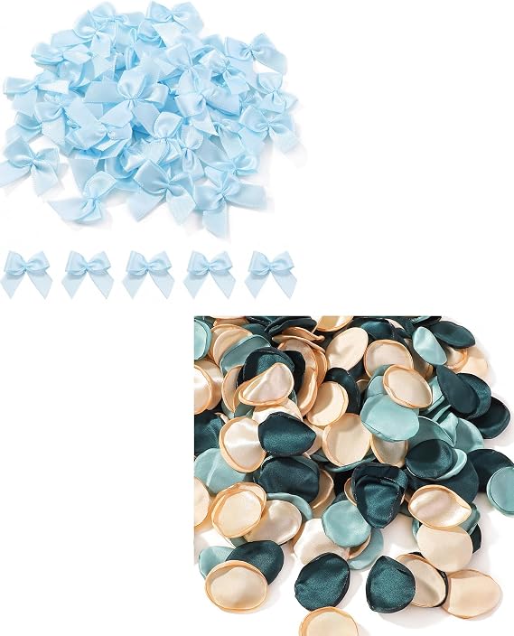 yoyokid 50 PCS 1.06" Blue Mini Satin Ribbon Bows + 400 Pcs Green Silk Rose Petals Artificial Flower Petals for Wedding Flower Girl Basket