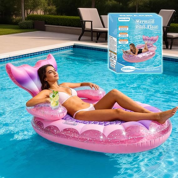 Mermaid Pool Float Bed for Adults - 63" X 39" Premium Inflatable Lounger with Backrest & Cup Holder, Glitter Interior, Comfortable Sunbathing Raft with Handles for Party Pool Beach Lake (Pink)