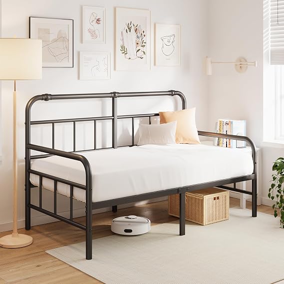 Daybed-Metal-Twin-Size-Bed-Frame - with Headboard, Heavy Duty Steel Slats Support for Bedroom Guest Room, No Box Spring Needed,Easy Assembly, Black