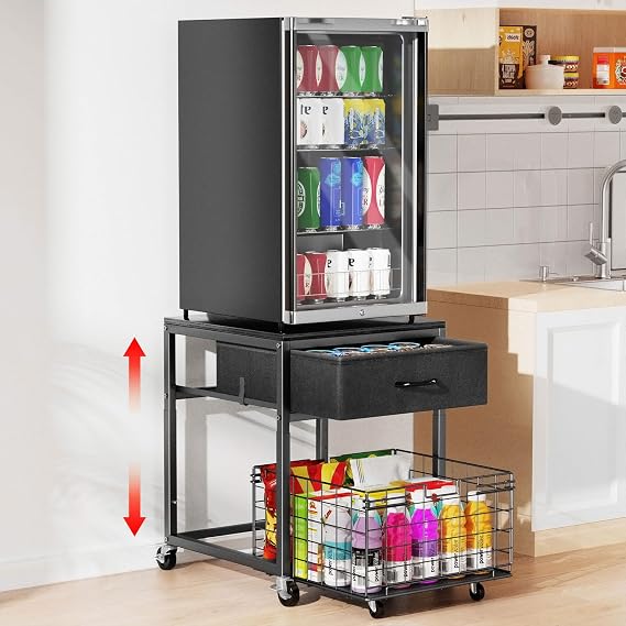 Housolution Mobile Mini Fridge Stand with Storage, Height Adjustable | 200 Lbs Heavy-Duty Fridge Shelf, Extra Storage For Snacks & Drinks, Easy Assembly, Office Dorm & Apartment, Black