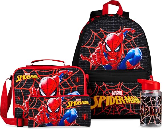 Marvel Spiderman Backpack Set 4 Pcs Kids Water Bottle 400ml Pencil Case Insulated Lunch Bag Tweens School Supplies Travel Holiday