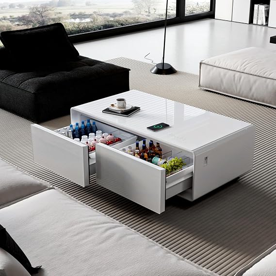 Smart Coffee Table with Built in Fridge, Living Room Table Bluetooth Sound and Wireless Charging, Type-C & USB Interface, Temperature Control, Modern Center Table with LED,135L,White-Black
