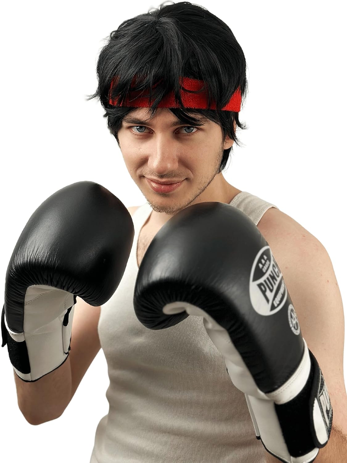 ALLAURA The Boxer Rocky Wig and Red Headband - Mens Short Fluffy Dark Black Wig Halloween Costume Wig Cosplay Party Wig - Mens Wigs Black Short Shaggy Style Cosplay Halloween Costumes