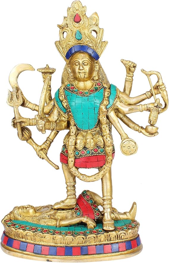 Kartique Big Brass Maa Kali Statue with Color Gemstone | Adi Shakti Ma Goddess Murti Idol| Aadya Chamunda Kamakshi Height 11.5 Inches
