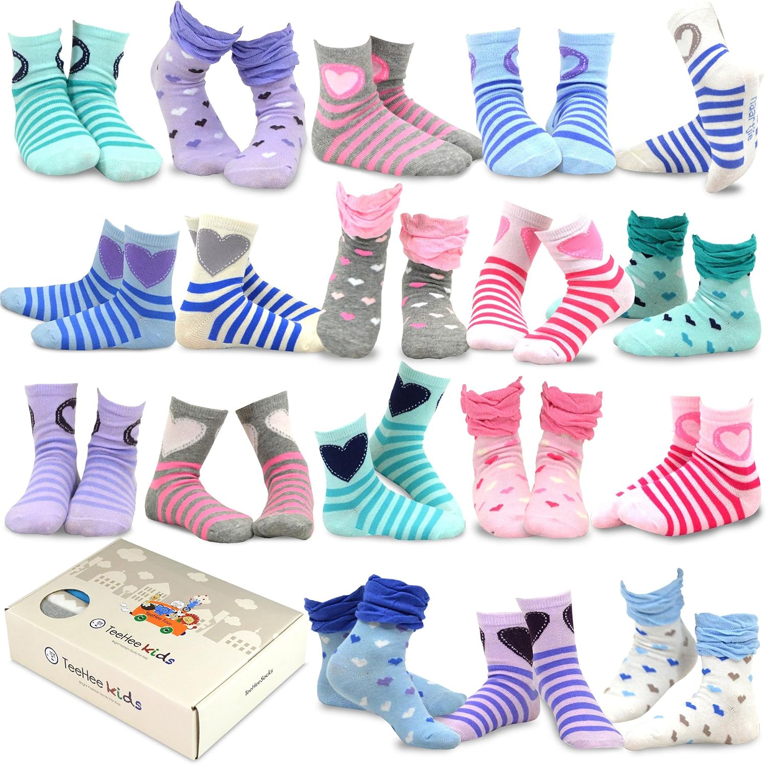 TeeHee Little Girls and Toddler Cute Novelty and Fashion Cotton Crew Socks 18 Pair Pack Gift Box