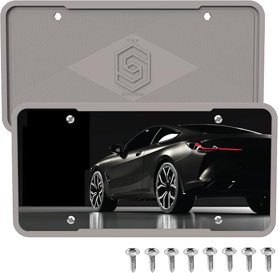 Silicone License Plate Frame Covers 2 Pack- Front and Back Car Plate Bracket Holders. Rust-Proof, Rattle-Proof, Weather-Proof (Grey)