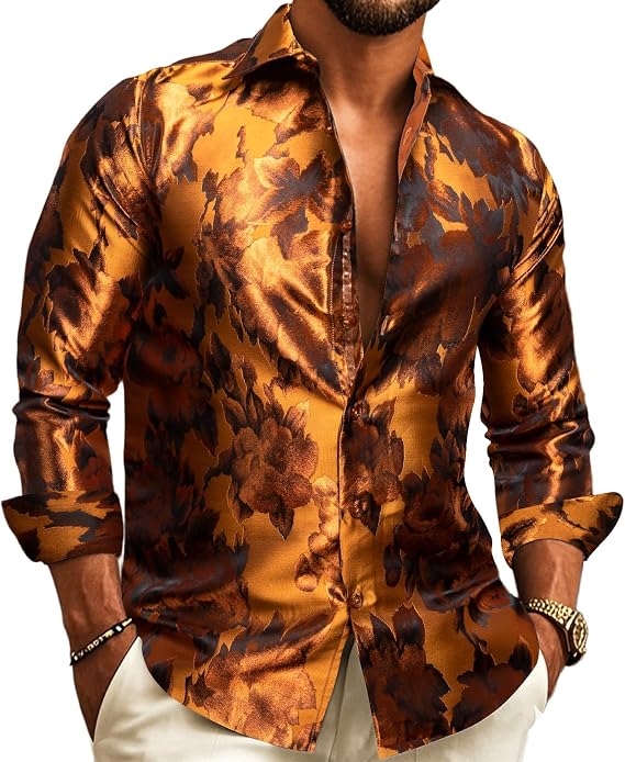 Barry.Wang Men's Silk Shirts Button Down Dress Shirt for Men Satin Paisley Floral Long Sleeve Cowboy Casual Mexico Shirts