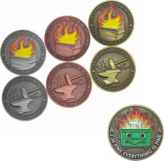 6 Pcs Dumpster Fire Coins Bulk Mixed 3 Colors and Everything is Fine Dumpster Fire Medallion Antique Bronze Plated