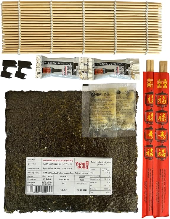 Sushi Seti zenc, 5 Yaprak Yosun, Sushi Matı, Chopstick, Soya Sosu, Zencefil Turşusu, Tutma Aparatı