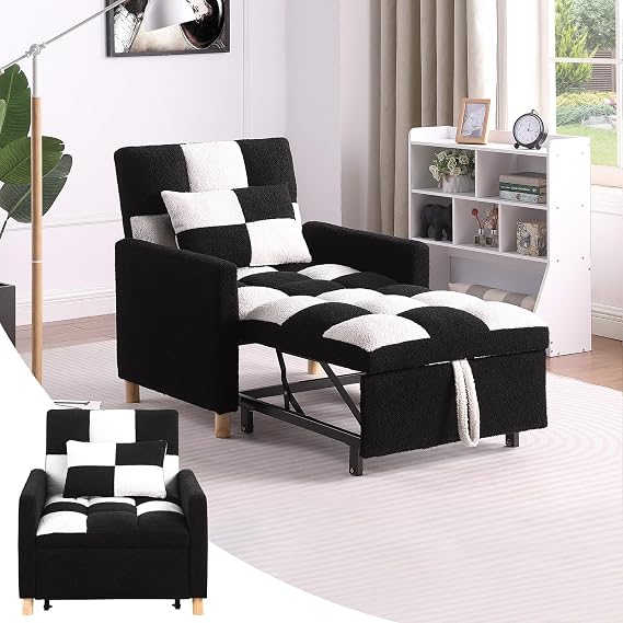 Sleeper Chair Bed - Convertible Single Sofa Chair Bed with Pillow,Pull Out Sleeper Bed with Adjustable Backrest,Multi-Functional Lounge Chair with Teddy Fabric for Apartment,Living Room (Black White)