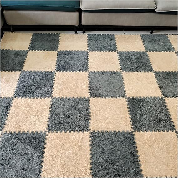 10 Pieces Interlocking Carpet Tiles, Plush Foam Square Floor Mats Set, 12x12inch Interlocking Fluffy Plush Puzzle Playmat With Border, 10 Tiles/10 Sq.Ft(Color:Beige+Grey)