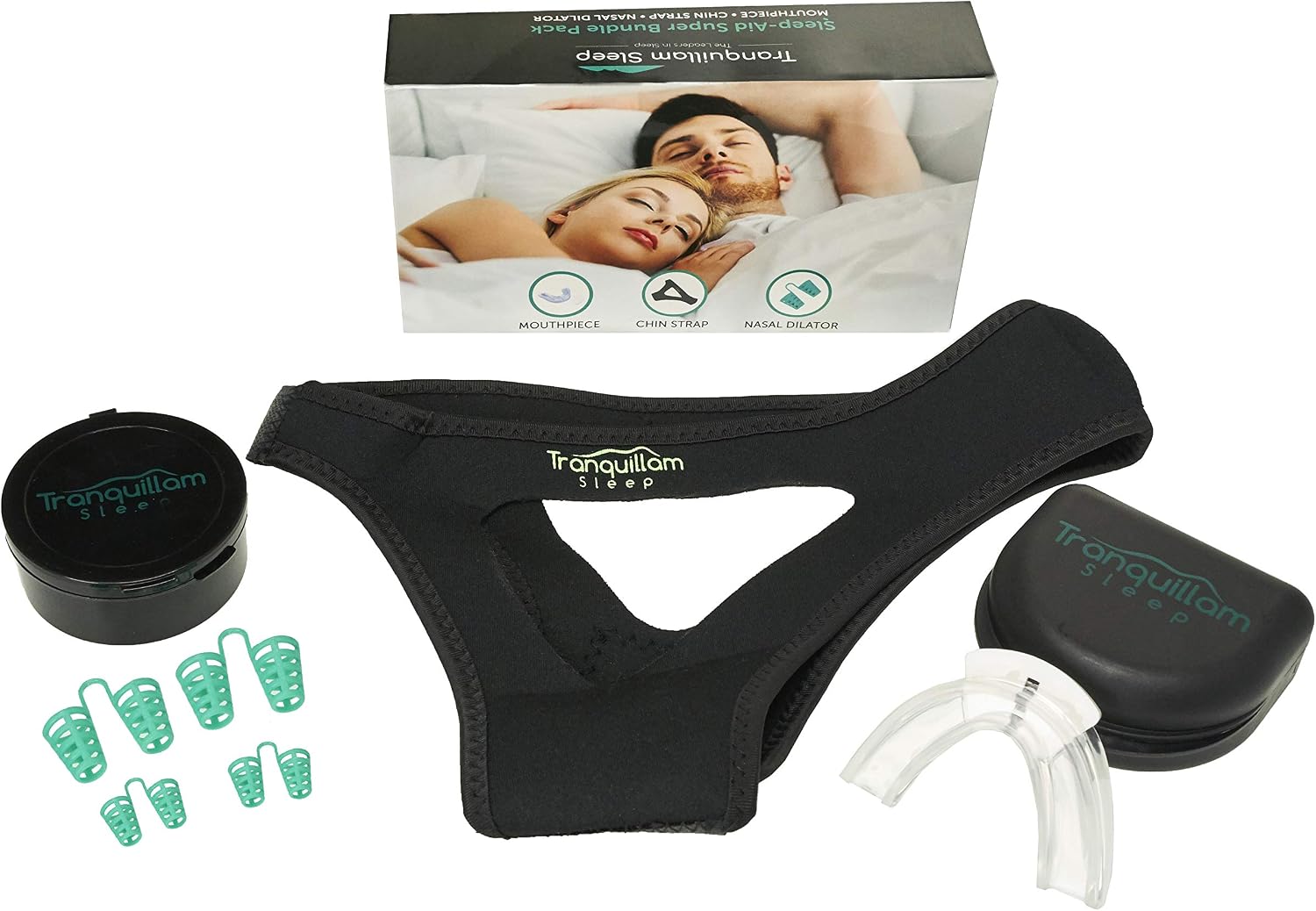 Super Sleep Bundle Pack - 3 Piece - Mouth Guard - Nasal Dilator - Sleep Mask Chin Strap - Adjustable and Comfortable - Eliminate Grinding - Better Mouth Health - Sleeping Tranquility