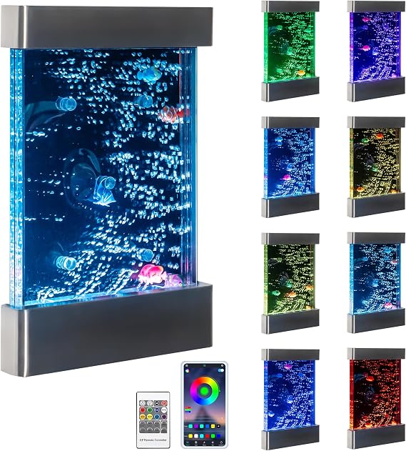 LED Sensory Bubble Wall Water Panel 24"x16" Stainless Steel Wall-Mounted Panel with Floating Fish, Color-Changing Lights, Remote & APP Control for Sensory Rooms & Therapy Spaces