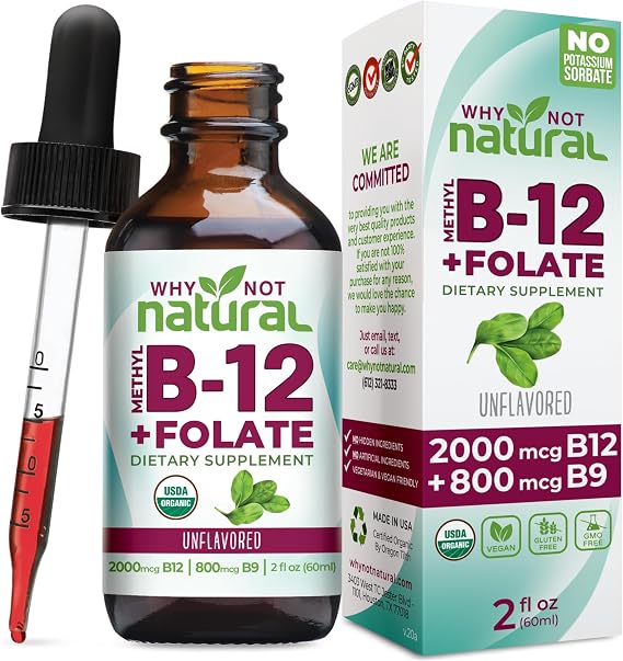 Why Not Natural Vitamin B12 Liquid Plus Folate - Organic Sublingual Extra Strength Vegan Drops - Methyl Supplement with Folinic