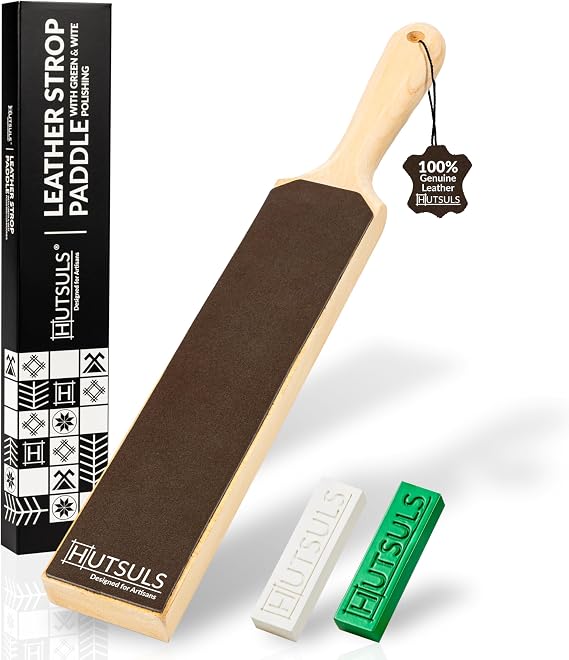 Hutsuls Leather Strop for Knife Sharpening - Top-Tier Double Sided Knife Stropping Kit with White & Green Paddle Strop Compound, Easy to Use Sharpener Leather Knife Strop Kit for Razor Sharp Edges