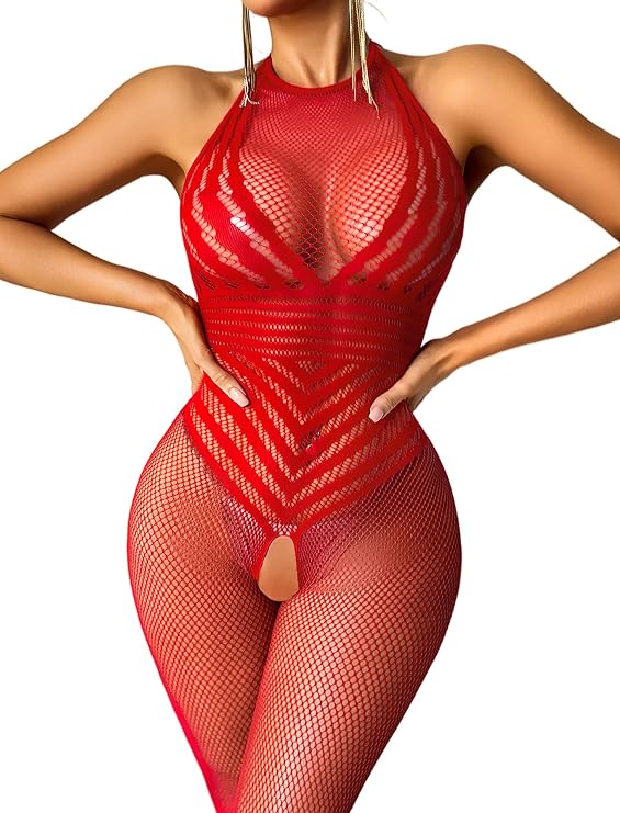 Avidlove Womens Fishnet Lingerie Bodystocking Halter Mesh Bodysuit Stocking