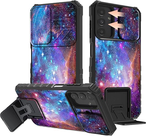 Rossy for Samsung Galaxy A14 5G Case 2023, Galaxy A14 5G Phone Case with Slide Camera Cover Kickstand Dual Layer Hybrid Shockproof Protective Case for Samsung A14 5G 6.6",Purple Nebula Space Galaxy