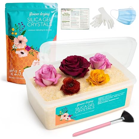 LotFancy 2.5 LBS Silica Gel Flower Drying, Reusable Color Indicating Silica Crystals with Airtight Container and Brush, DIY Wedding Bouquet Preservation Craft Kit