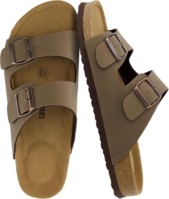 CUSHIONAIRE Lane Cork Footbed Mens Sandals, Adjustable Buckle Comfort Slides for Men, Genuine Leather Insole Summer Sandals Men Footwear