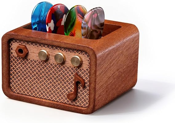 CoolGift Mart Guitar Accessories, Sapele Wood Electric Guitar Amp Shaped Guitar Pick Holder, Gift for Guitar Players Guitarists for Picks Storage and Display