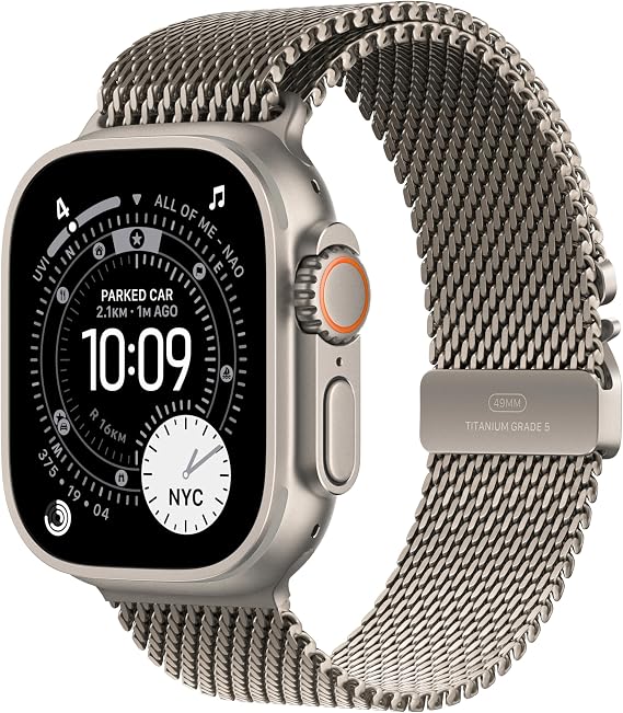 Apple Watch Ultra 3 GPS + Cellular 49mm Premium Running and Multisport Smartwatch with Rugged Natural Titanium Case with Natural Titanium Milanese Loop - Large. Advanced Health and Fitness Tracking