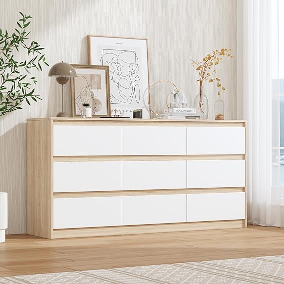 FUFU&GAGA 9 Drawer Dresser Chest of Drawers, 63 Wide Dressers, Modern Wood Drawer Chest Storage Organizer, No Handle Design, for Bedroom Living Room Hallway, Oak and White, 63W x 15.7D x 31.5H