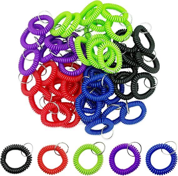 50Pcs Wrist Coil Key Chains Stretchable Plastic Wristlet Keychains, Multicolor Spiral Keychain Bracelet Wrist Coil Key Chains, Wrist Band Key Ring Chain for Office, Workshop, Shopping Mall, Sauna,