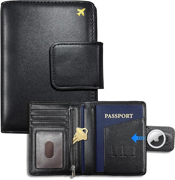 Matekxy Trackable Passport Holder with AirTag Slot, RFID Blocking | Passport Wallet for Men Women, 2 Passport Slots, Boarding Pass & Card Holder, Find My Compatible Travel Document Organizer