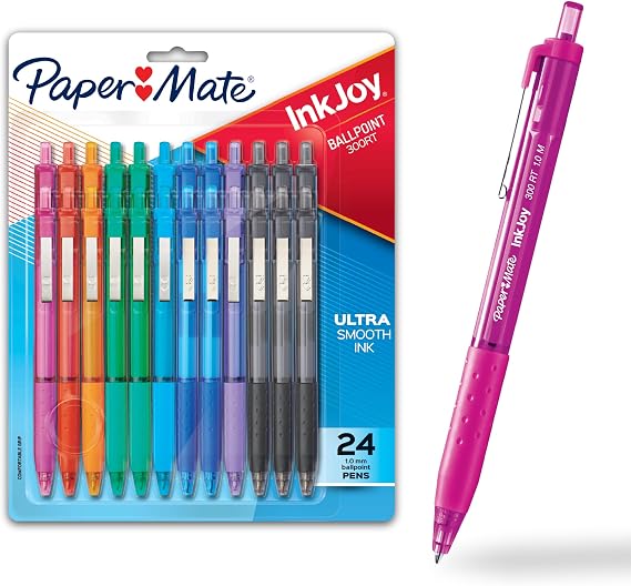 Paper Mate InkJoy 300RT Retractable Ballpoint Pens, Medium Point (1.0mm), 24 Count - Colorful Office Supplies, Writing, Journaling
