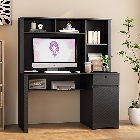 51" Computer Desk with Hutch & Storage Shelf, Modern Office PC Laptop Desk Students Writing Table w/ 3 AC Outlets & 2 USB Charging Ports, Multifunctional Workstation w/Drawer for Home (Black)