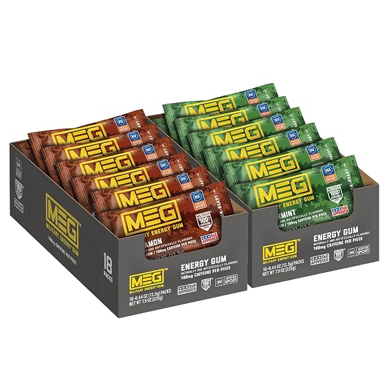MEG (Military Energy Gum) - Cinnamon & Spearmint Bundle | Enhance Physical Performance -100mg of Caffeine Per Piece, Boost for Workouts, Alternative to Caffeinated Drinks | Pack of 18
