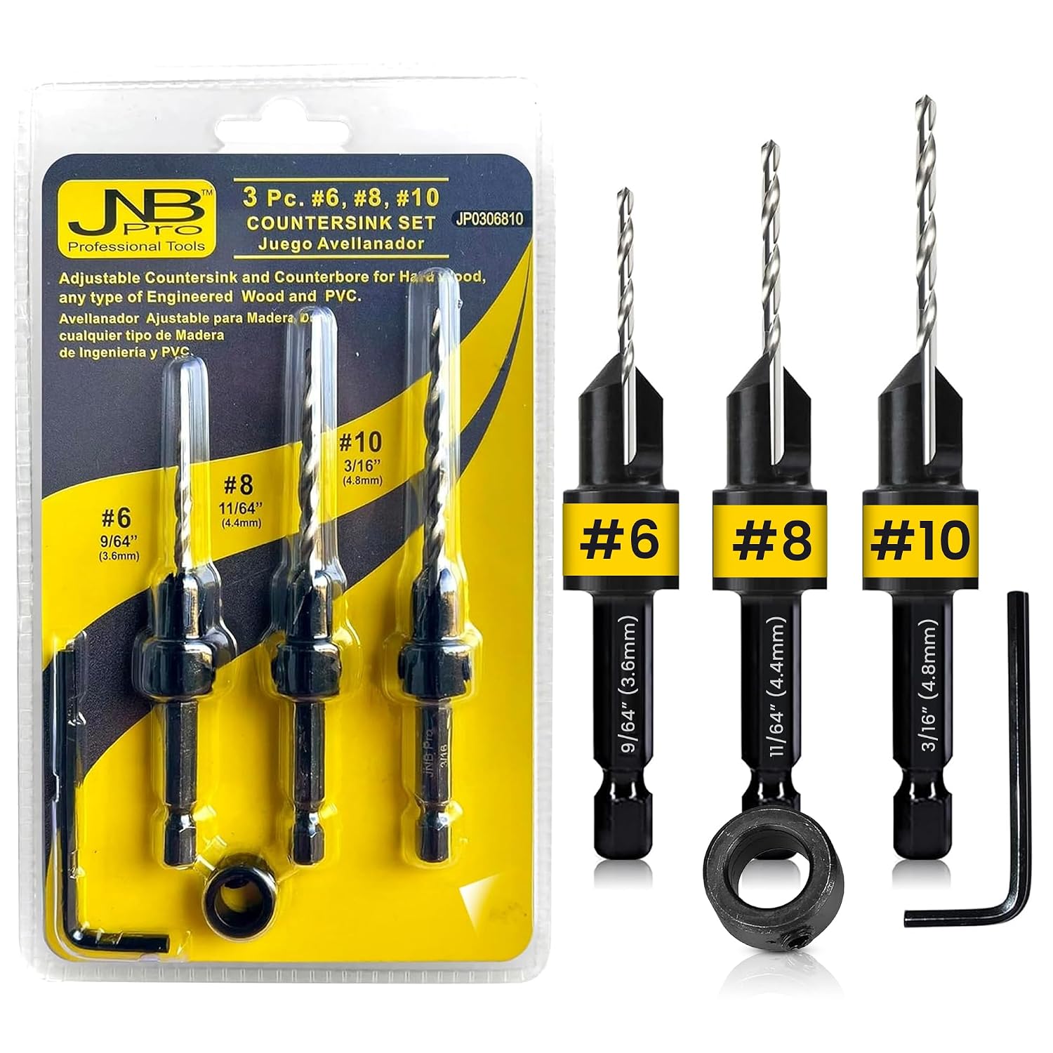 JNB Pro Wood Countersink Drill Bit Set 3 Pieces #6 964 #8 1164 #10 316 Avellanador para Madera with Adjustable Stop Collar and Hex Wrench - Quick Change Woodworking Drill Bits